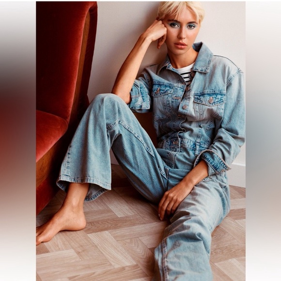 Zara Denim Long Sleeve Wide Straight Leg Jumpsuit Size Large